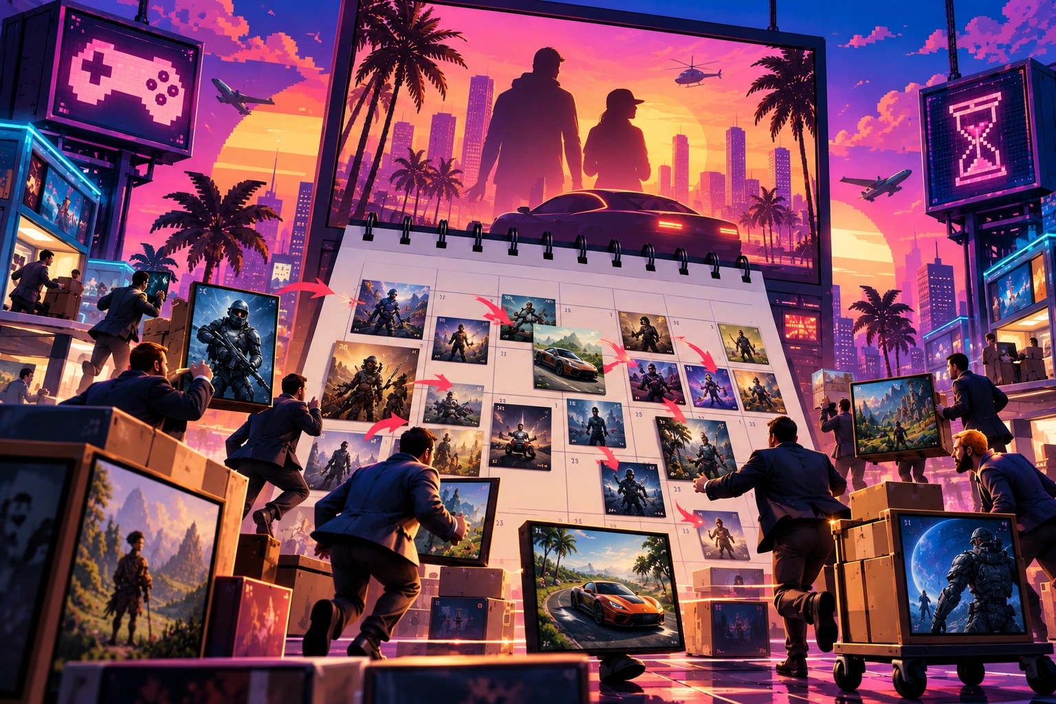 Ejecutivos moviendo carátulas de juegos en un calendario gigante para esquivar la fecha de estreno de Grand Theft Auto VI